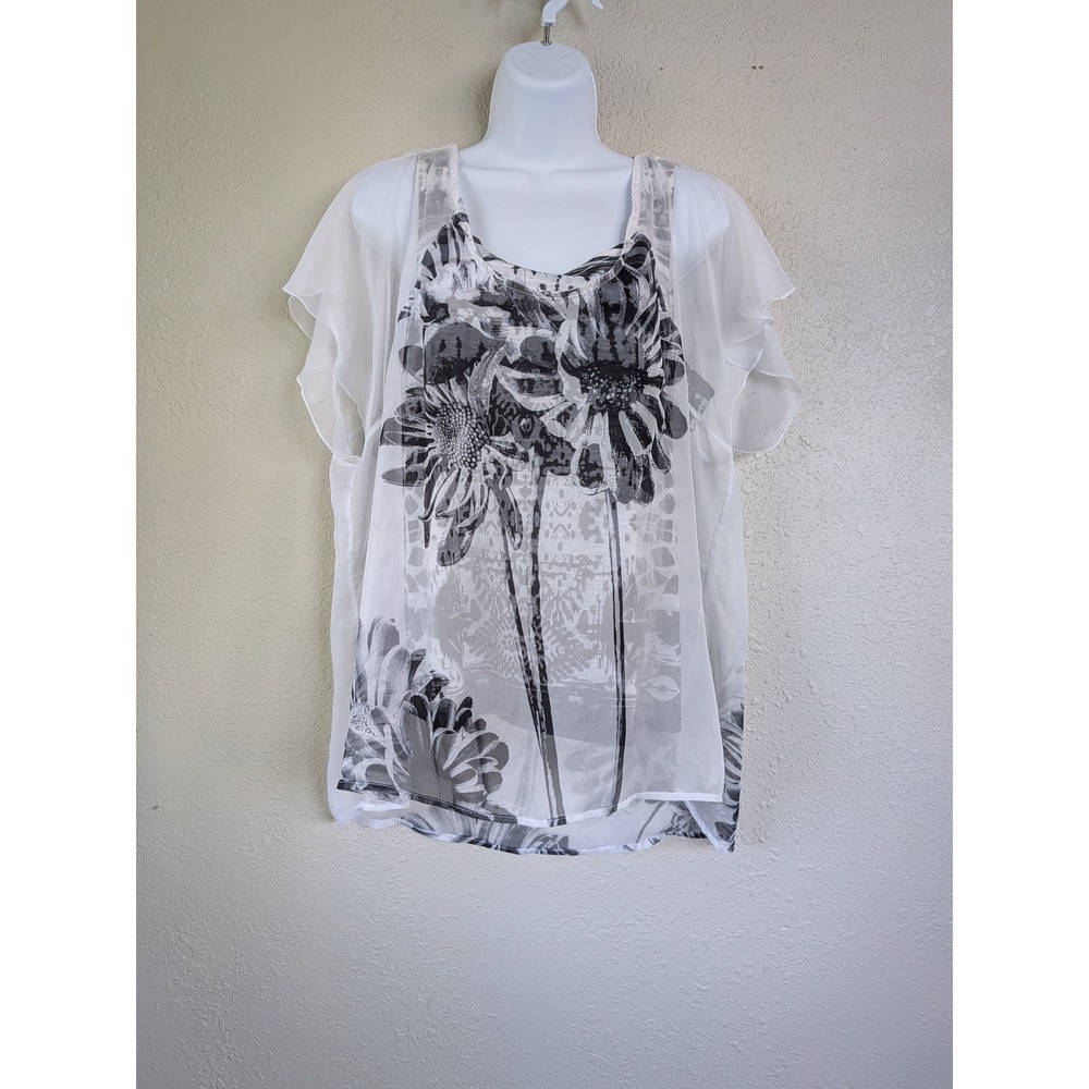 Live and Let Live Floral‎ Print Sheer Overlay Top XL Art to Wear Artsy Feminine